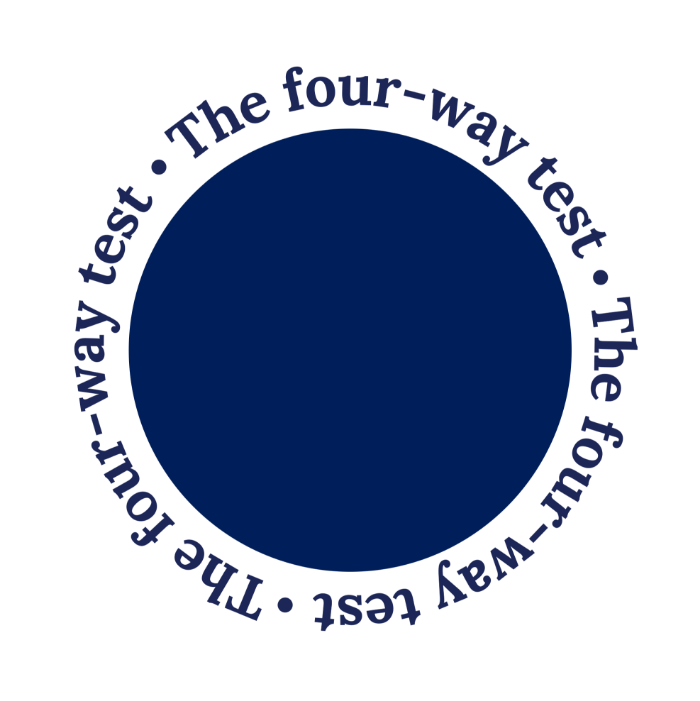 Text wrapped around a circular log that says the four way test