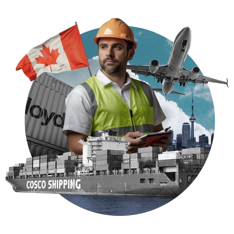 A collage of a container ship, a plane and a man in a high vis vest